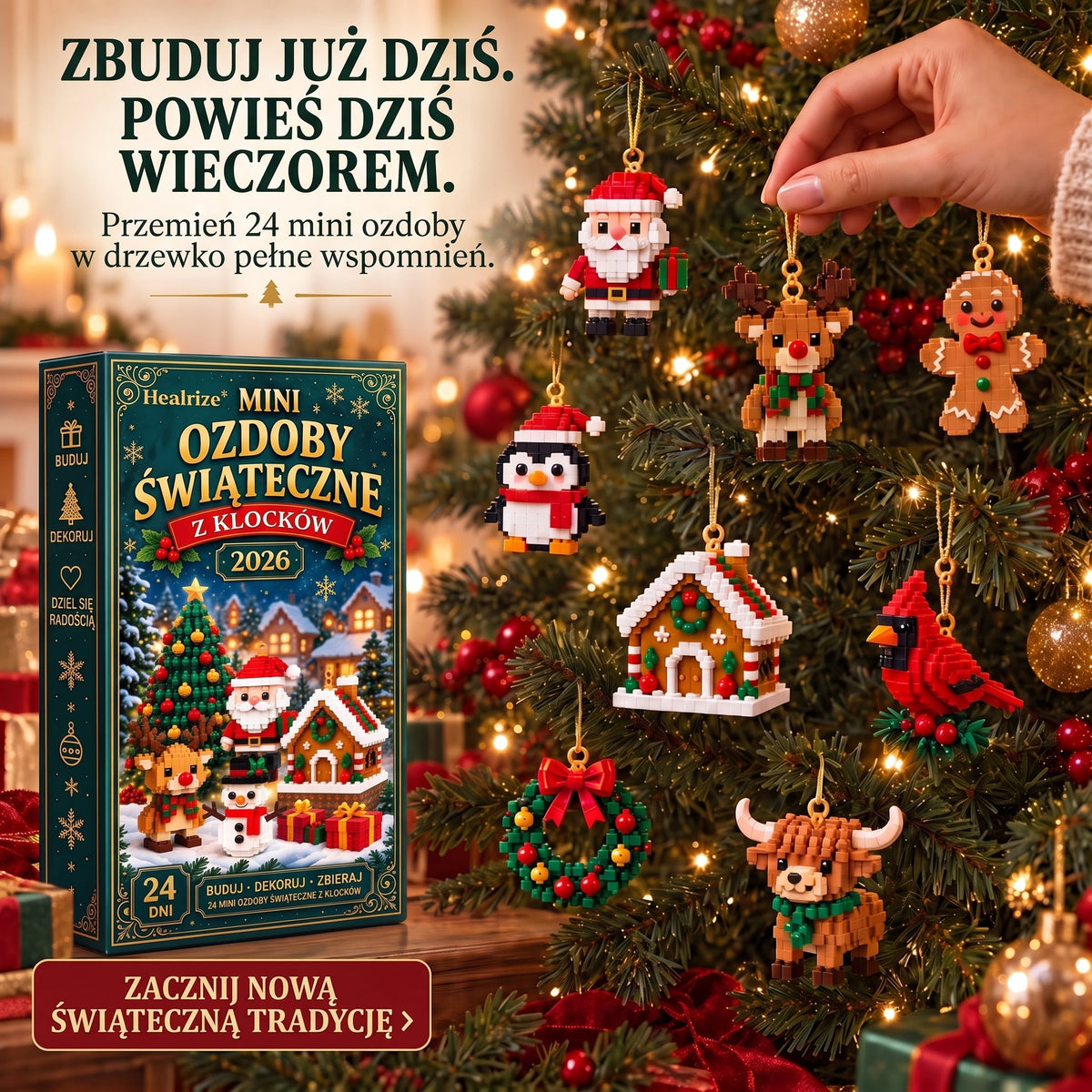 🎄🎄Healrize® Kalendarz adwentowy z 24 mini ozdobami świątecznymi z klocków