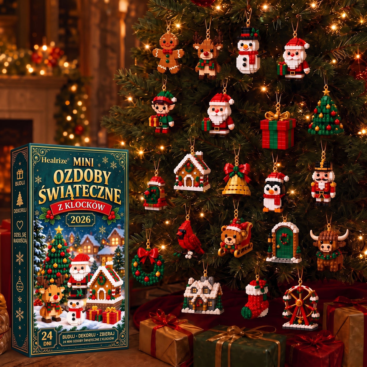 🎄🎄Healrize® Kalendarz adwentowy z 24 mini ozdobami świątecznymi z klocków