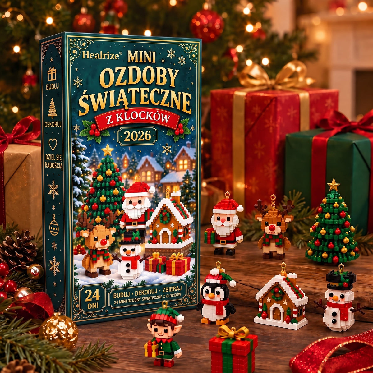 🎄🎄Healrize® Kalendarz adwentowy z 24 mini ozdobami świątecznymi z klocków