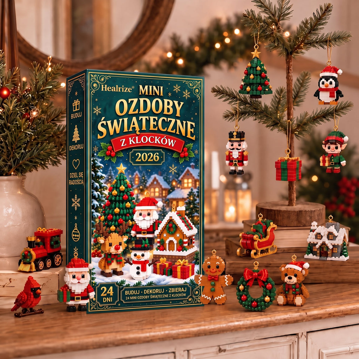 🎄🎄Healrize® Kalendarz adwentowy z 24 mini ozdobami świątecznymi z klocków