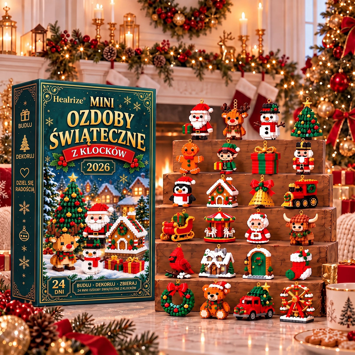 🎄🎄Healrize® Kalendarz adwentowy z 24 mini ozdobami świątecznymi z klocków